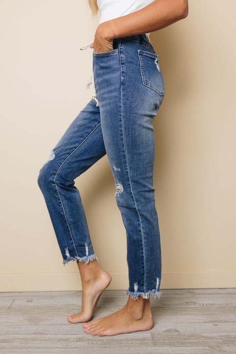 Salma Elastic Waist Distressed Jeans-UHXSW-DARK BLUE-SMALL-Urbanheer