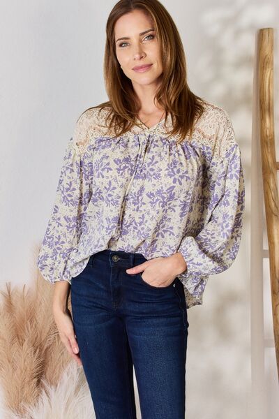Hailey & Co Full Size Lace Detail Printed Blouse-UHX-LILAC-S-Urbanheer