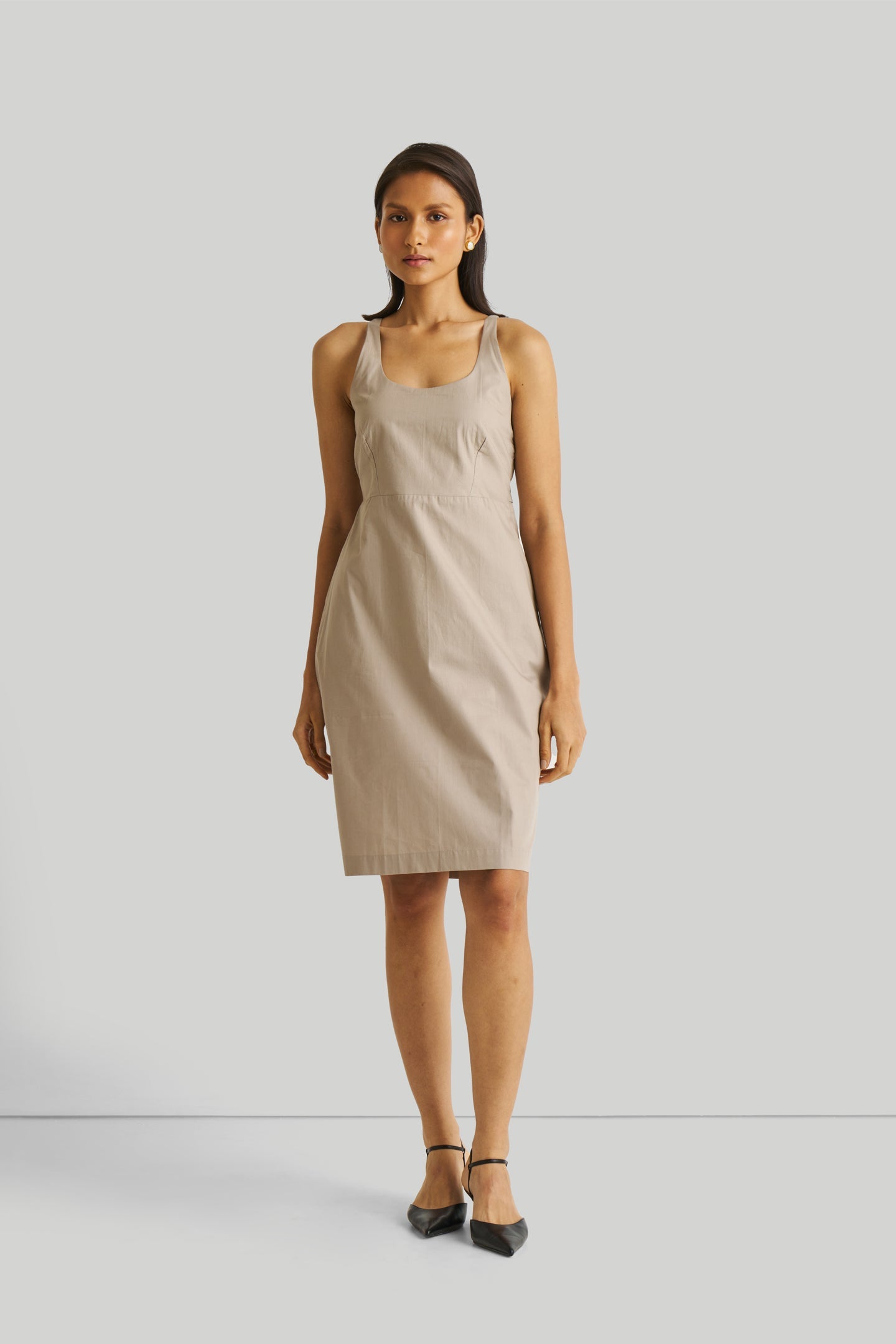 slim fit dress slacks Fitted Knee Length Dress In Ecru