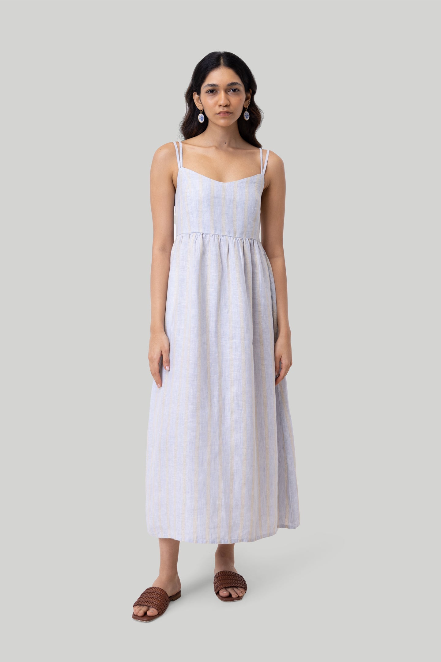 Strappy Gathered Midi Dress in Linen Stripes – Urbanheer