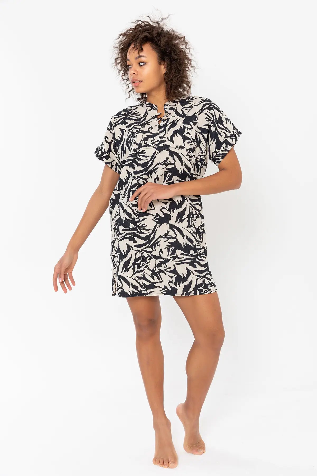 chinese dress ladies Navy and Sand Floral Linen Shirt Dress