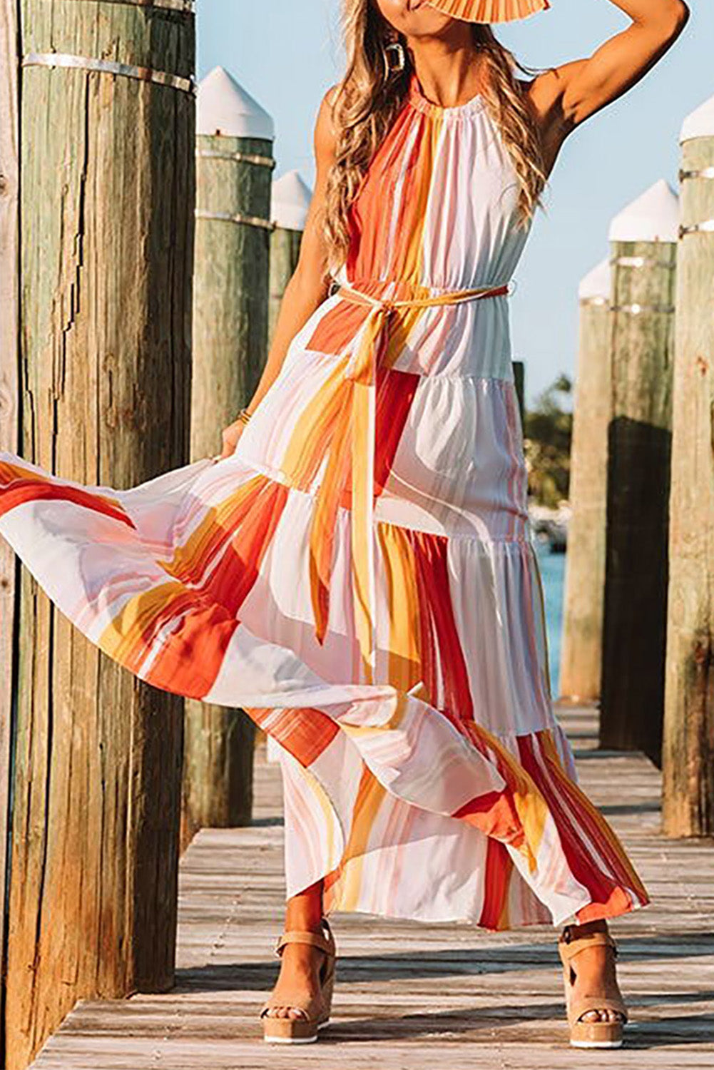 Multicolor Color Block Pleated Halter Neck Backless Maxi Dress Urbanheer Multicolor Color Block Pleated Halter Neck Backless Maxi Dress Urbanheer