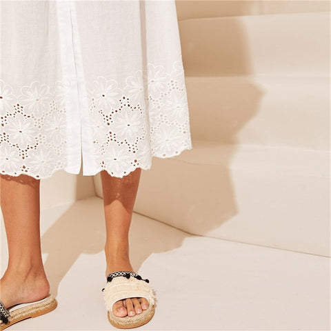 White Embroidered Eyelet Hem Button Up Summer Boho Dress Women Straps Empire Dress Solid Fit And Flare Long Cami Dresses-UHXC-White-XS-Urbanheer