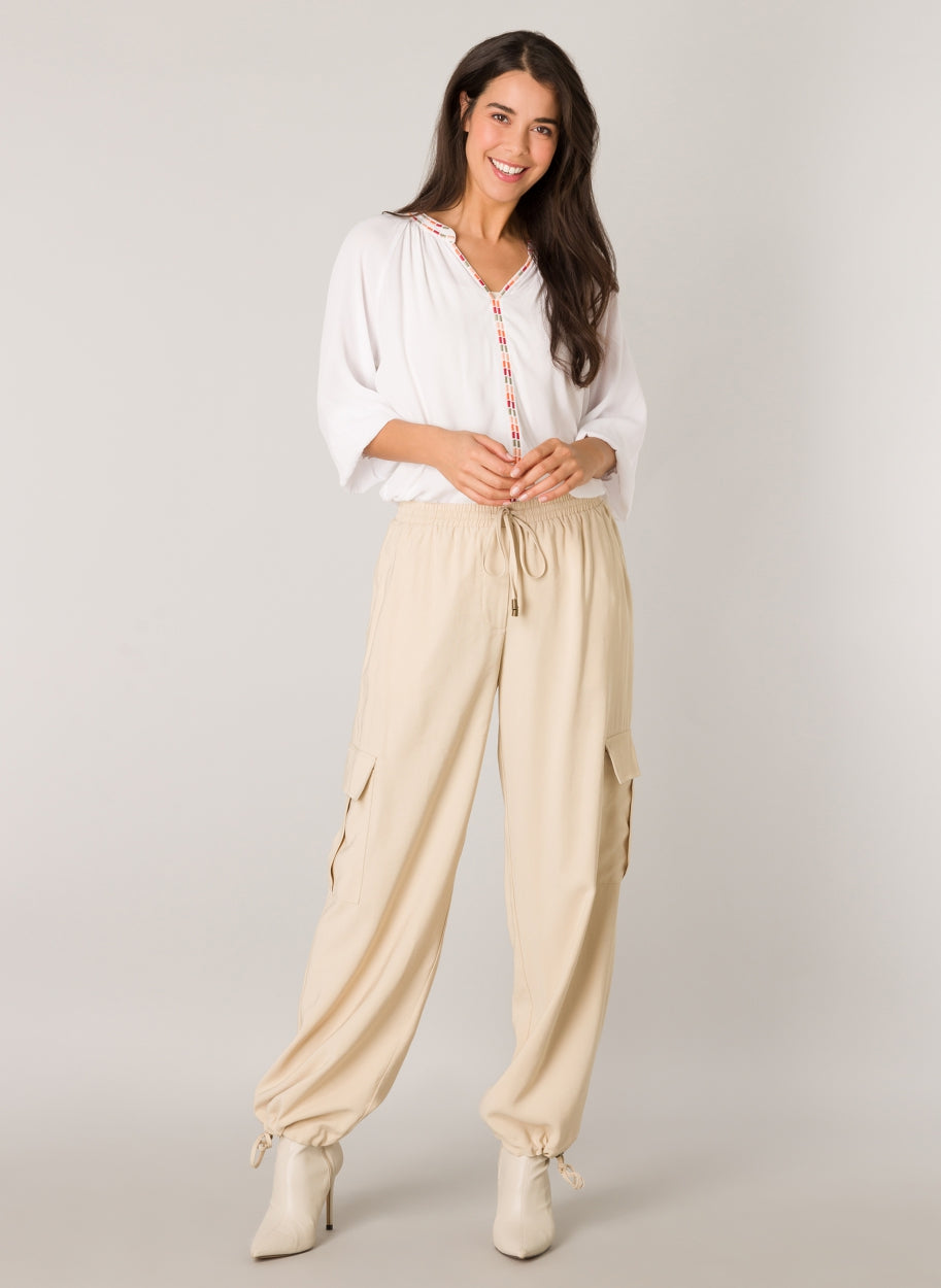 Sarah Essential - Cargo Trousers in a Supple Fabric-TROUSERS-Yest-Light Beige-2-Urbanheer