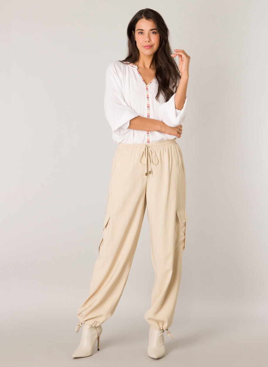 Sarah Essential - Cargo Trousers in a Supple Fabric-TROUSERS-Yest-Light Beige-2-Urbanheer