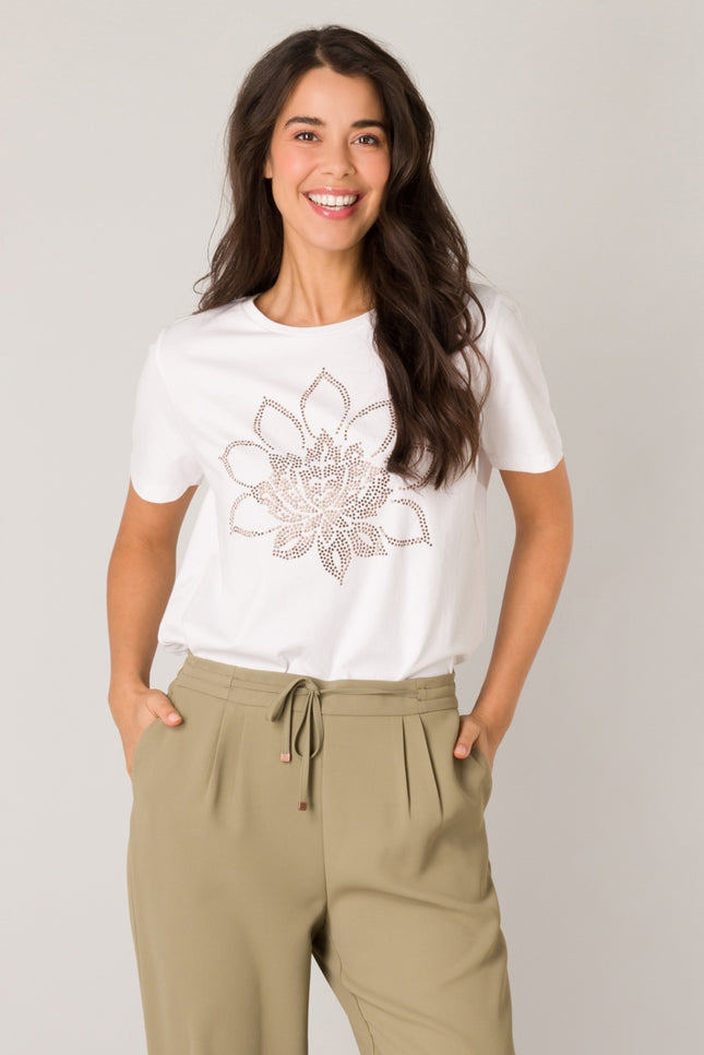 Fayza - T-shirt with Gold-coloured Studs-Tops-Yest-Off White-2-Urbanheer