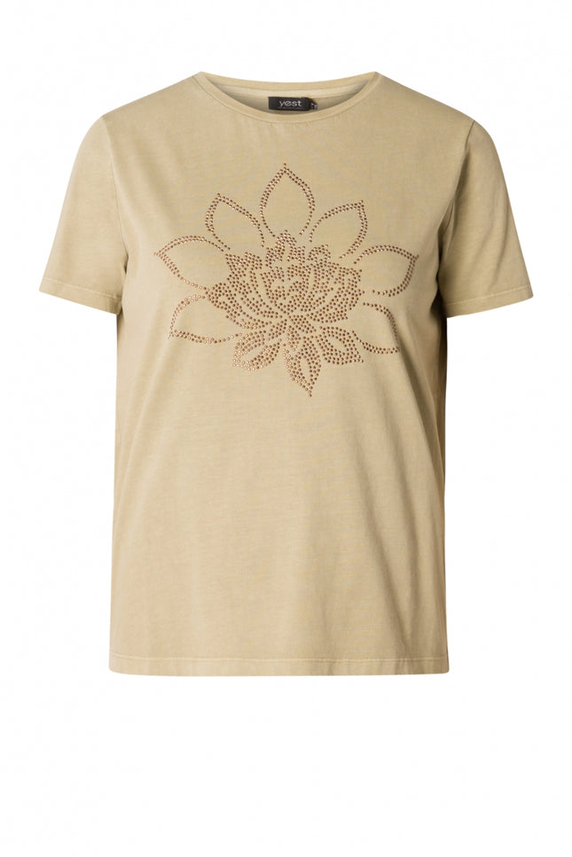 Fayza - T-shirt with Gold-coloured Studs-Tops-Yest-Khaki-2-Urbanheer