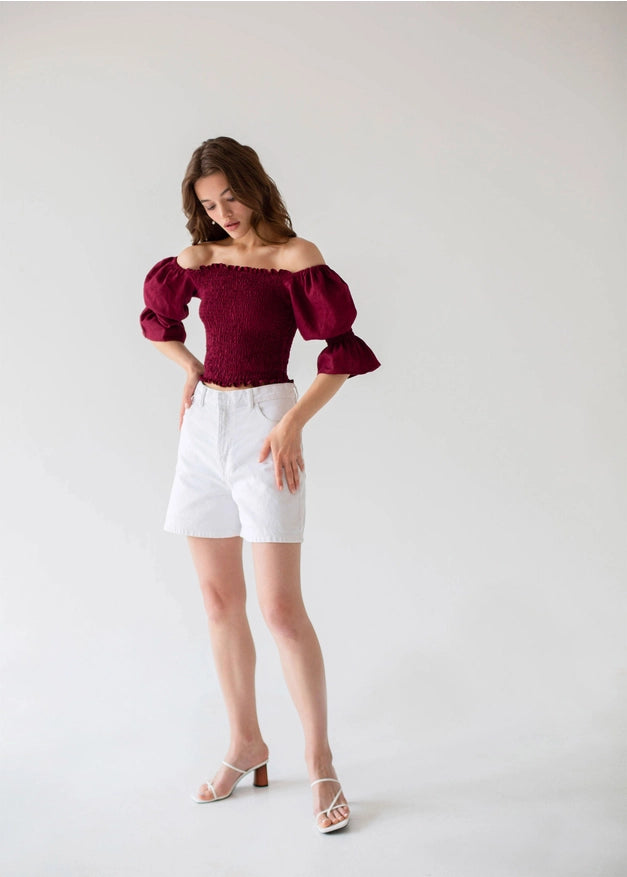 Burgundy Off The Shoulder Puffed Sleeve Linen Top For Woman-TOP-Nich Linen-XXS-Urbanheer