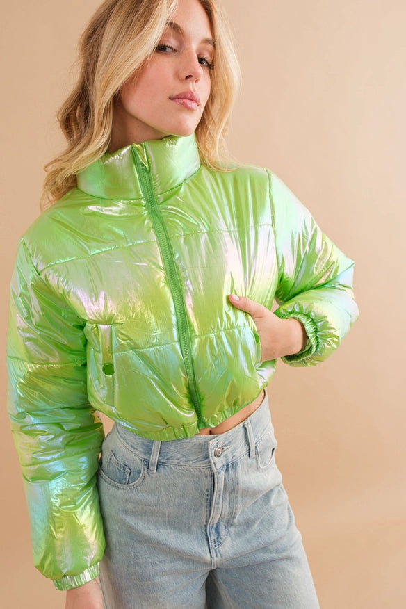 Windbreaker Metallic Puffer Crop Zip Up Jacket Lime-Jacket-Blue B-S-Urbanheer