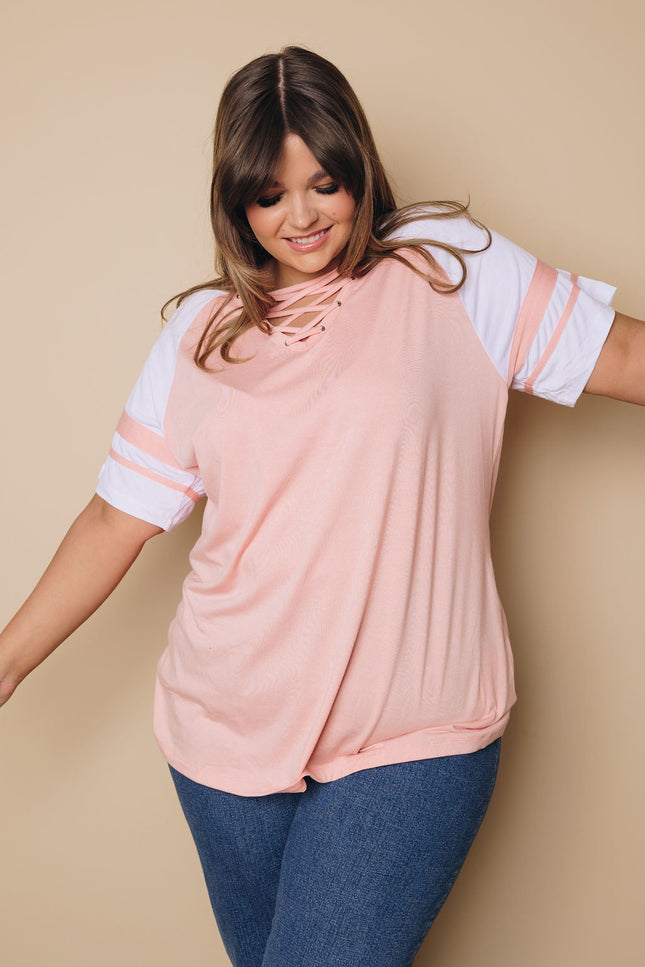 Plus Size - Bailey Crisscross Neck Tee-Stay Warm in Style-PINK-1X-Urbanheer