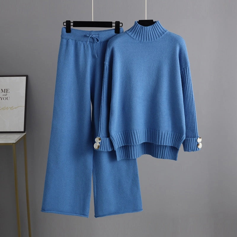 Trendy Semi-High Collar Sweater and Pant-Sets-Blak Wardrob-One Size-Blue-Urbanheer