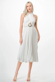 Cross Over Pleats Midi Dress- Off White-Clothing - Women-Neon Blush-S-Off White-Urbanheer