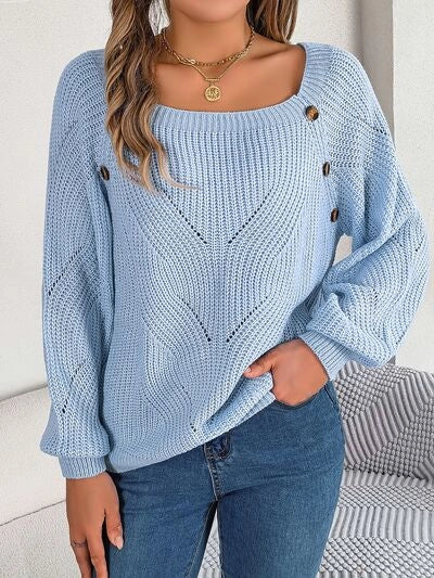 Openwork Buttoned Square Neck Sweater Misty Blue-Sweater-Blak Wardrob-S-Urbanheer