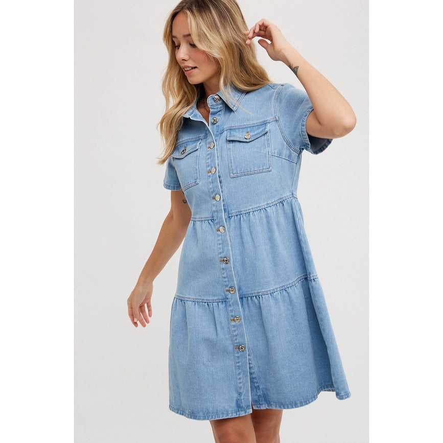 Tiered Denim Shirt Dress Lt Wash-Dress-Bluivy-S-Urbanheer
