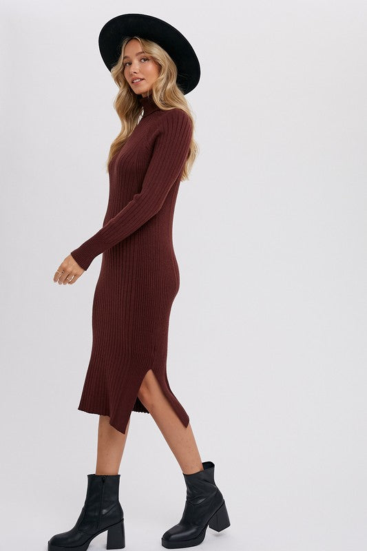 Turtleneck Ribbed Sweater Midi Dress Chocolate-Dress-Pink Irene Wholesale-S-Urbanheer