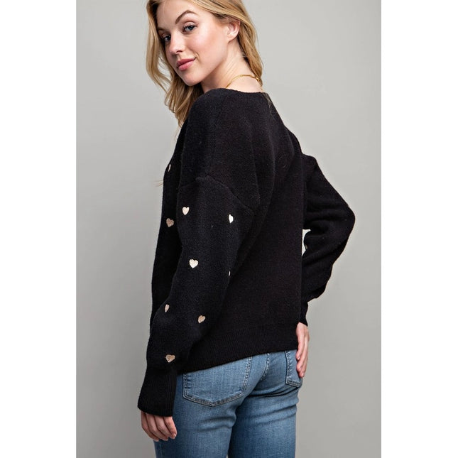 Plus Size Heart Pattern Boxy Knit Pullover Sweater Black-SWEATER-Pink Irene Wholesale-Urbanheer