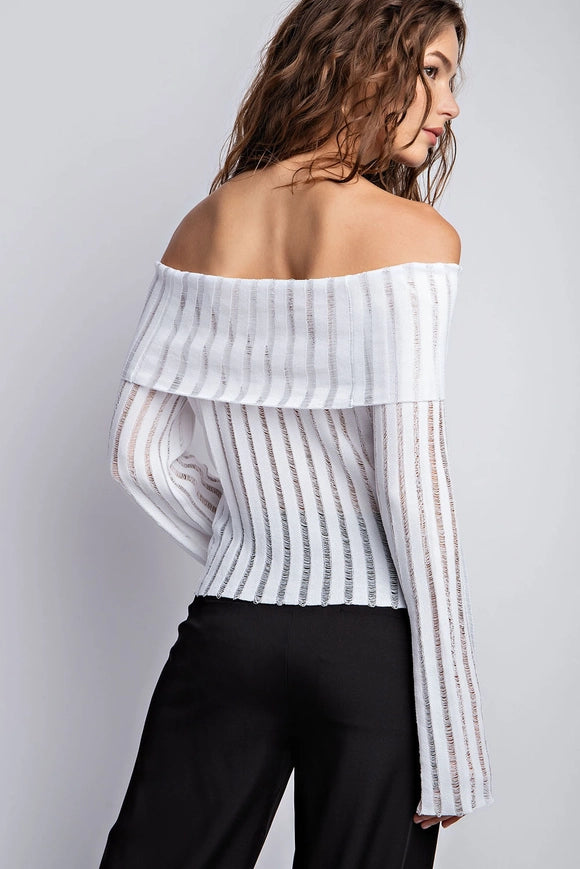 Sheer Knit Off Shoulder Flared Sleeves Top White-Top-EDIT by NINE-Urbanheer
