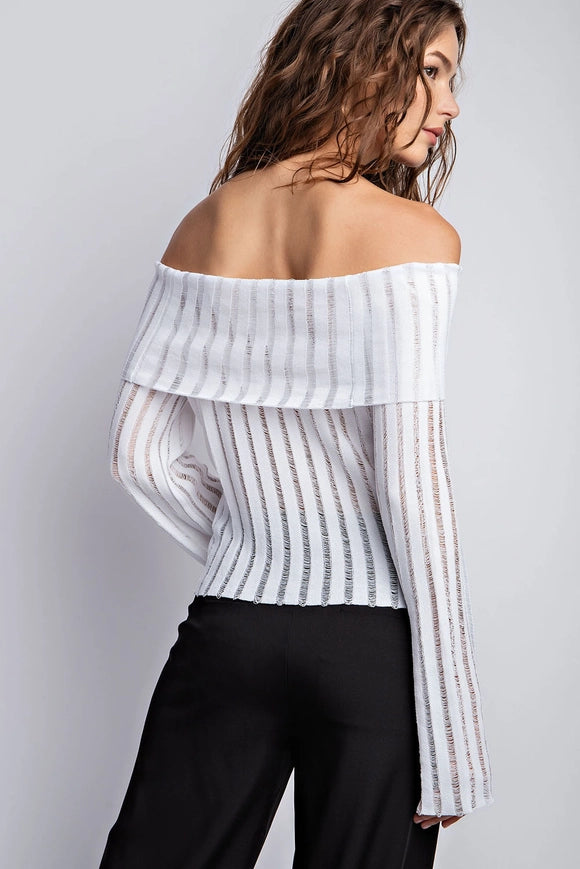Sheer Knit Off Shoulder Flared Sleeves Top White-Top-EDIT by NINE-S-Urbanheer
