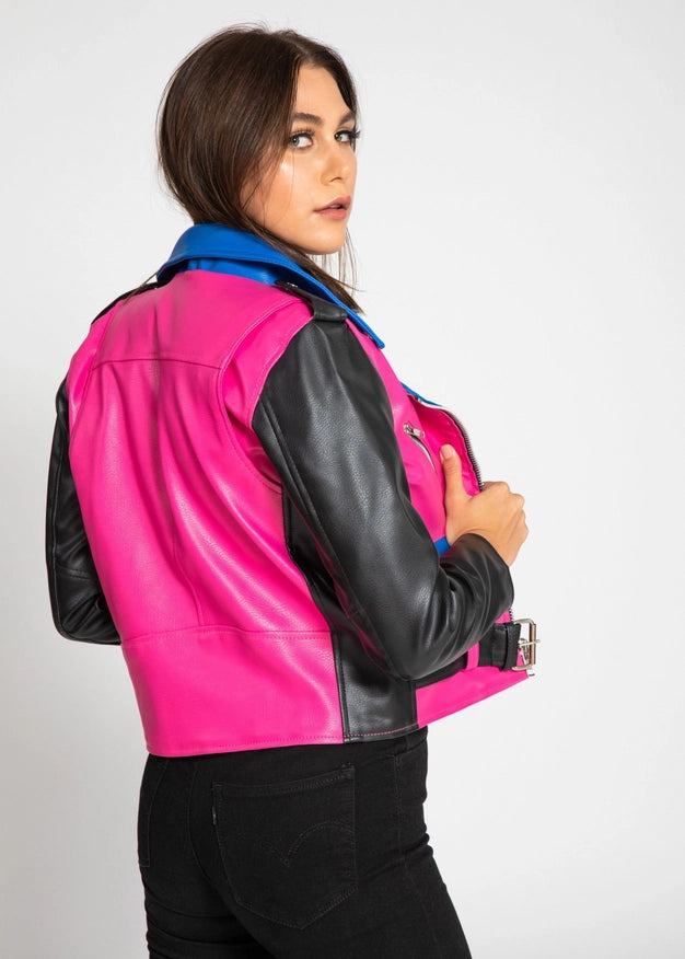 Women'S Block Print Faux Leather Jacket - Pink/Blue-Jacket-Fadcloset-XS-Urbanheer
