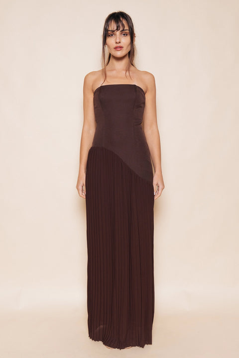 Strapless Asymmetric Pleat Skirt Maxi Dress
