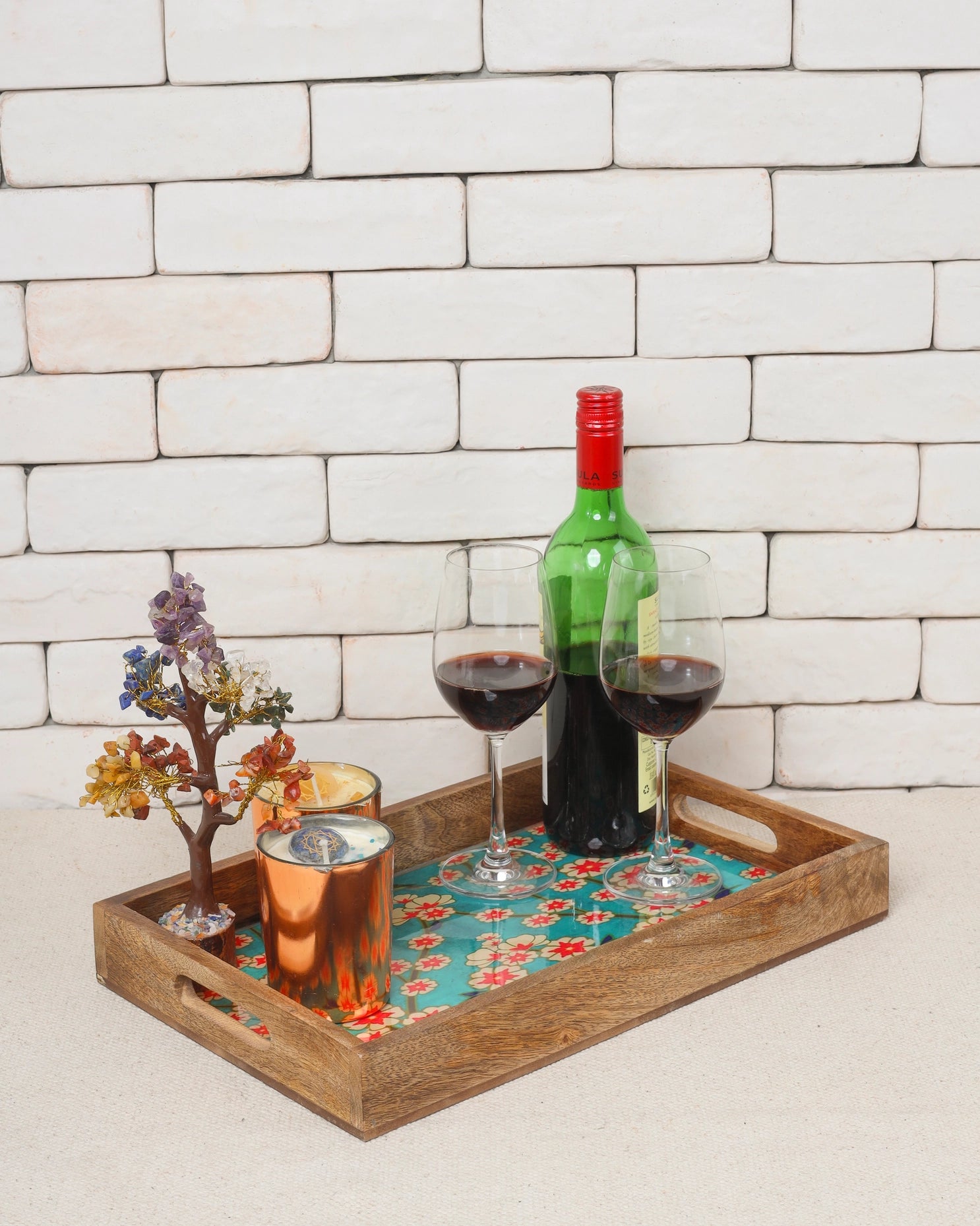 Blissful Blooms Resin And Wood Decorative Trays (Set Of 3)-Tiramisu-Urbanheer