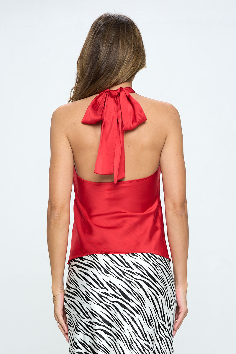 Satin Criss Cross Halter Top With Open Back-Renee C.-S-Urbanheer