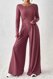 Ribbed Round Neck Top and Wide-Leg Pants Set Moonlit Mauve-Sets-Blak Wardrob-Moonlit Mauve-M-Urbanheer