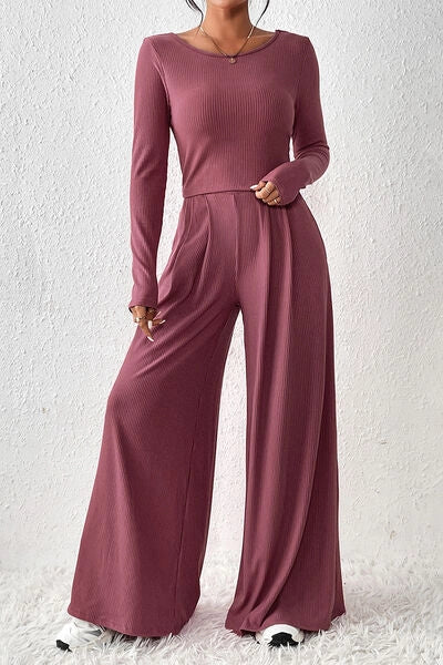 Ribbed Round Neck Top and Wide-Leg Pants Set Moonlit Mauve-Sets-Blak Wardrob-Moonlit Mauve-M-Urbanheer