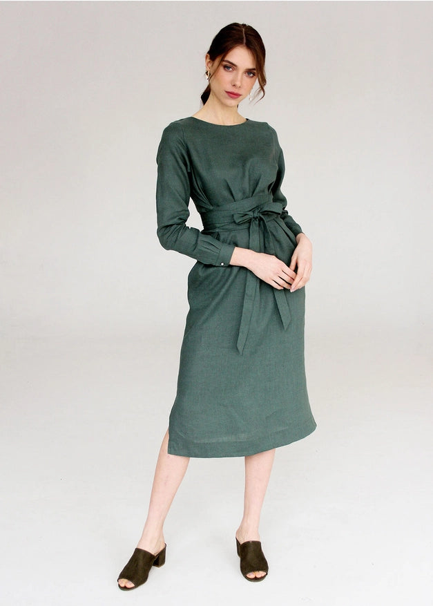 Moss Green Wrap Linen Belted Bridesmaid Dress For Women Long
