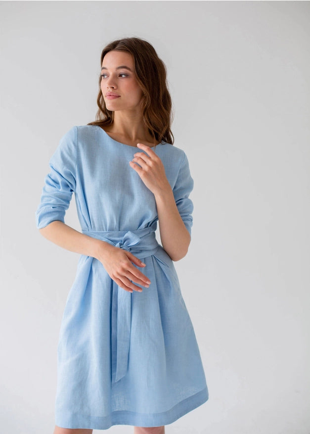 Linen Dress For Woman, Sky Blue Belted Dress For Women Mini