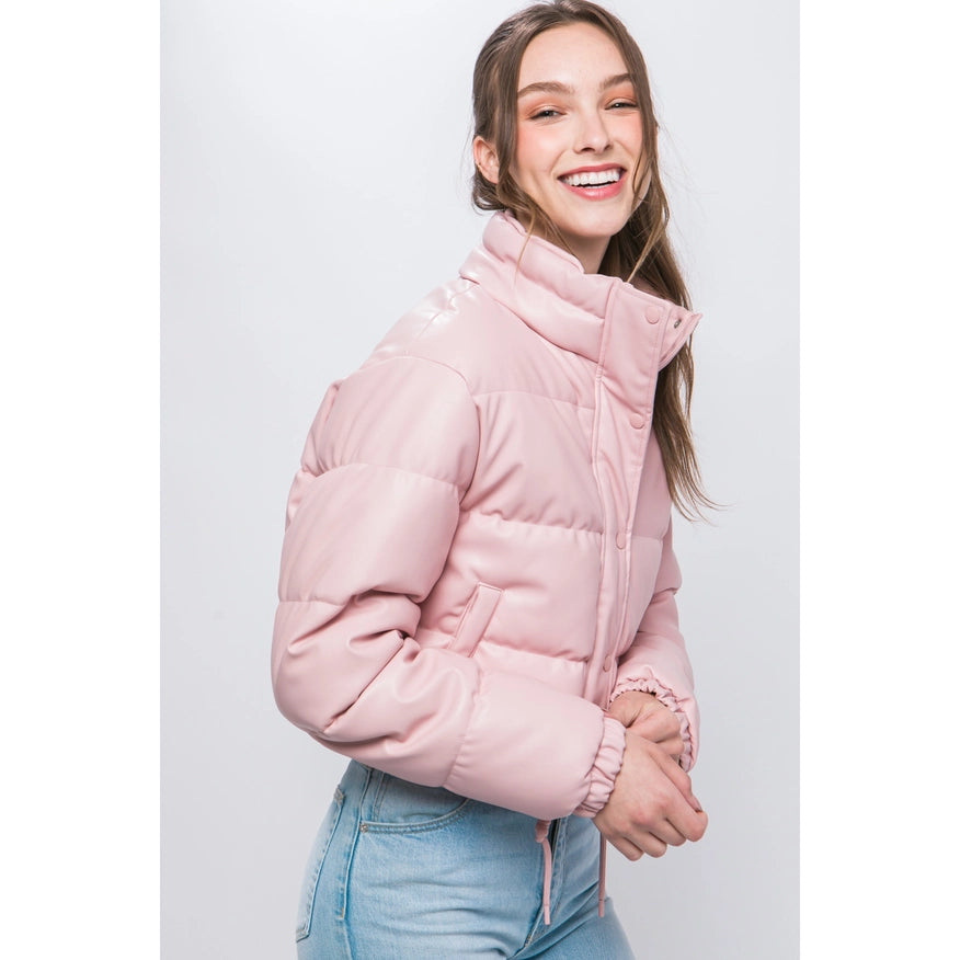 Faux Leather Puffer Jacket Pink-Jacket-Peace Love Line-S-Pink-Urbanheer