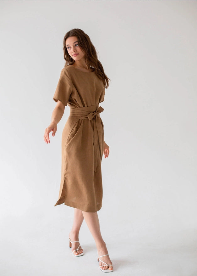 Belted Linen Dress For Woman With Short Sleeves In Beige-Dress-Nich Linen-XXS-Urbanheer