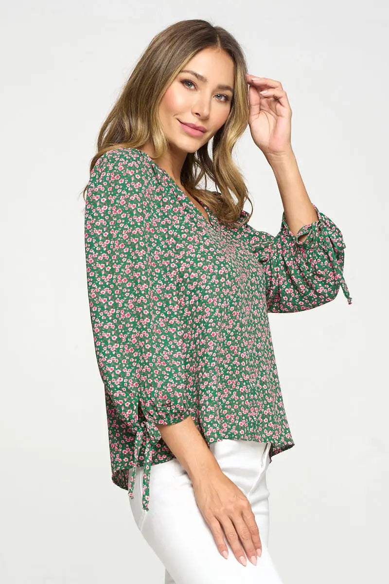 Floral Print Top With Self Tie Sleeves-Renee C.-S-Urbanheer