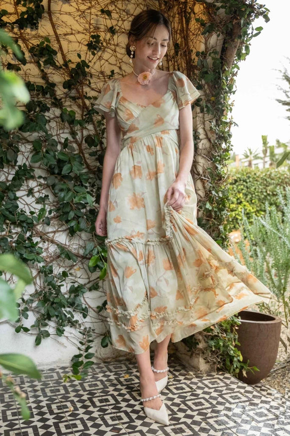 Floral Waist Cut Out Ruffle Midi Dress DUSTY SAGE MULTI-Dress-Blu Pepper-SAGE MULTI-Urbanheer