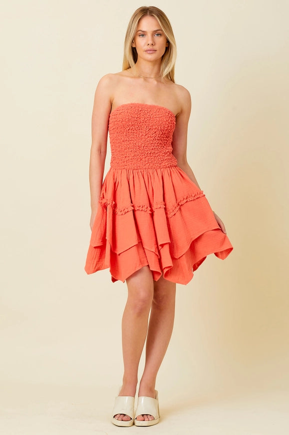 Smocking Bodice Mini Dress Orange-Dress-Baevely by Wellmade USA-ORANGE-S-Urbanheer