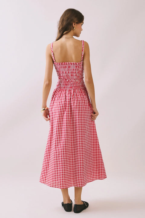 Gingham Smocked Bodice Midi Dress