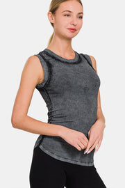 Zenana Washed Ribbed Round Neck Slim Tank-Street 360-ASHBLACK-S-Urbanheer