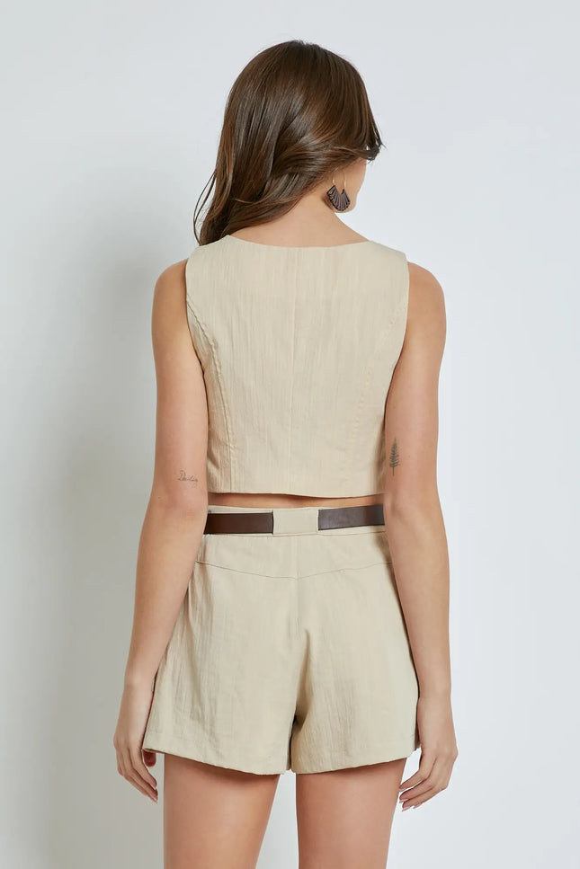 Square Neck Button Tailored Vest Top - Sand-Mustard Seed-Urbanheer