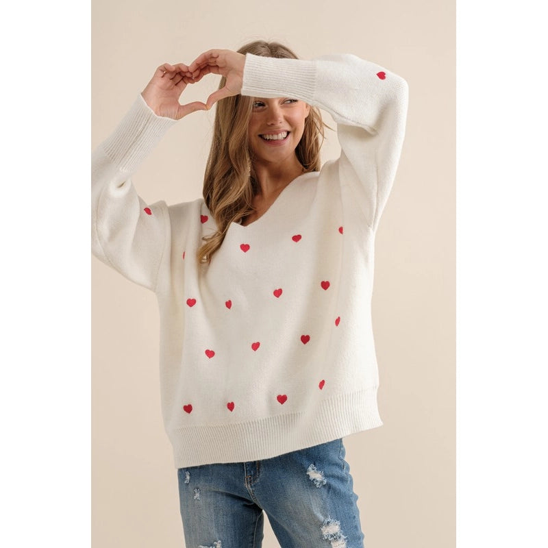 Plus Size Heart Pattern Boxy Knit Pullover Sweater White-SWEATER-Pink Irene Wholesale-1X/2X-Urbanheer