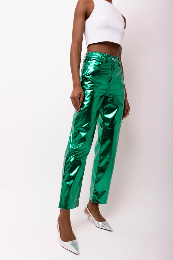 Lupe Straight Faux Leather Metallic Pants Forest Green-Pants-Amy Lynn-S-Urbanheer