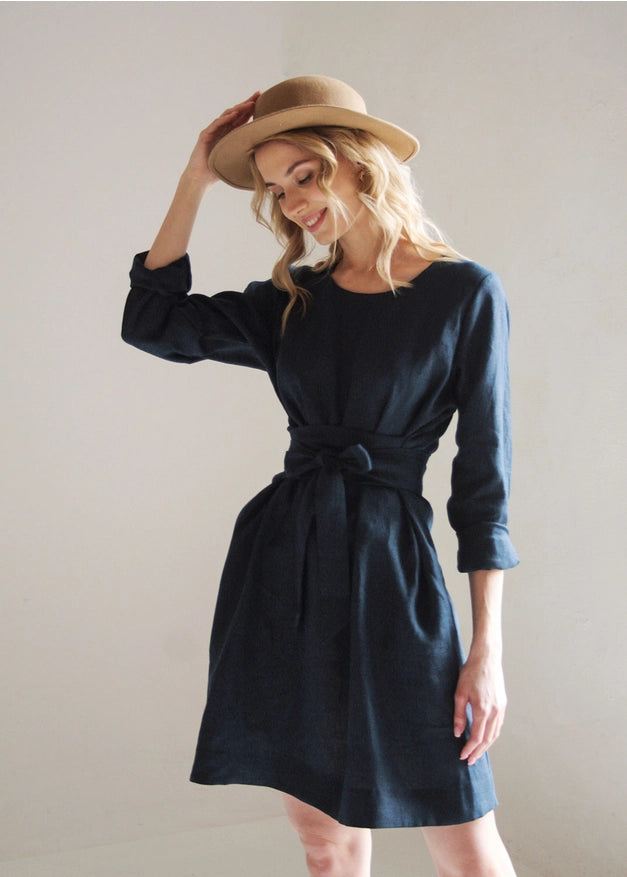 Navy Blue Linen Dress For Women Midi, Belted Dress-Dress-Nich Linen-XXS-Urbanheer