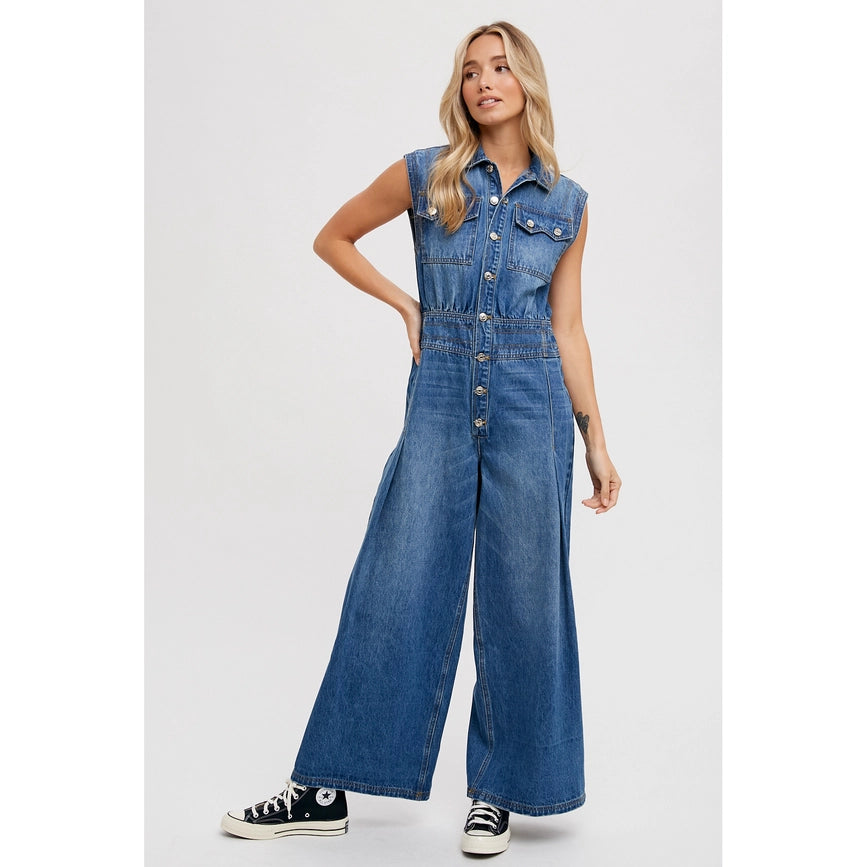 Denim Jumpsuit Med Wash-Jumpsuits & Rompers-Faith Apparel-S-Urbanheer