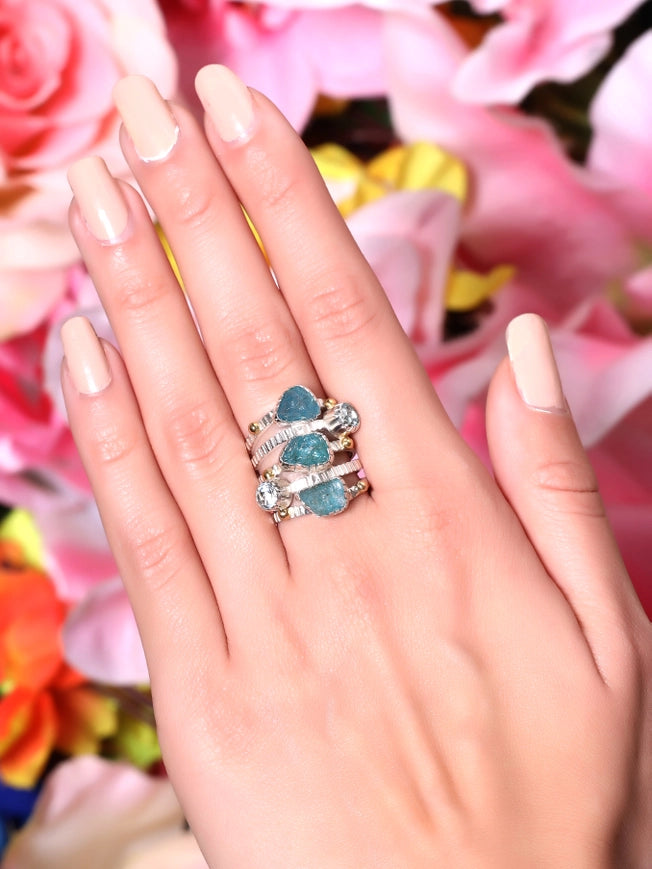 Apatite, Blue Topaz Sterling Silver Ring with Brass Accent-Ring-Tiramisu-5-Urbanheer