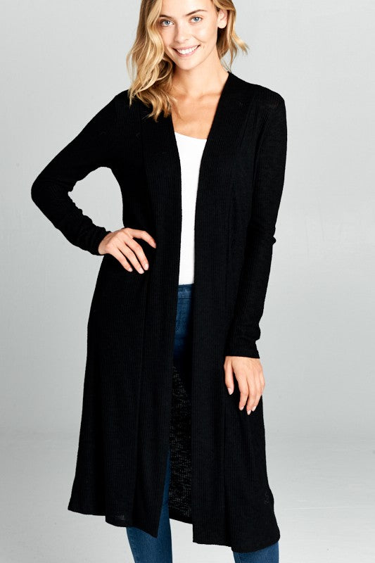 Long Sleeve Ribbed Sweater Cardigan-Cardigan-Renee C.-S-BLACK-Urbanheer
