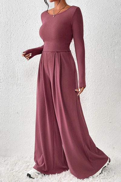 Ribbed Round Neck Top and Wide-Leg Pants Set Moonlit Mauve-Sets-Blak Wardrob-Moonlit Mauve-M-Urbanheer