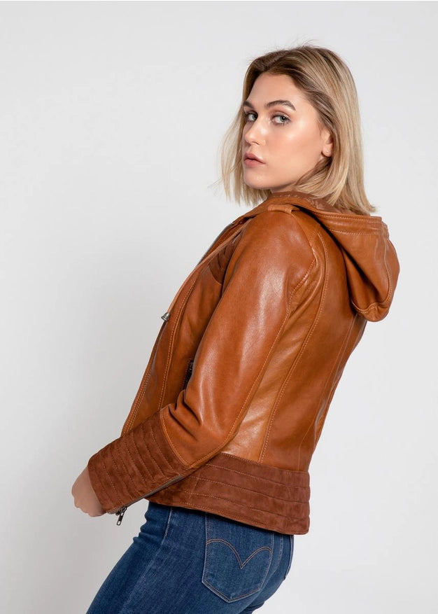 Arya Brown Suede Women Hooded Leather Jacket-Jacket-Fadcloset-XS-Urbanheer