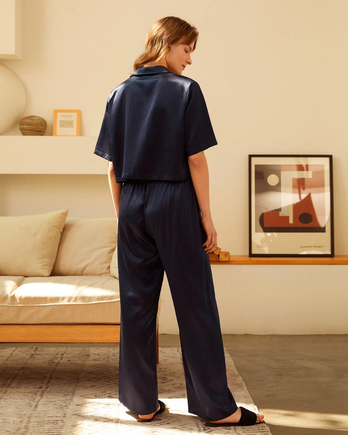 Short Sleeve Silk Pajamas Navy Blue-Pajamas-MommeSilk-XS-Urbanheer