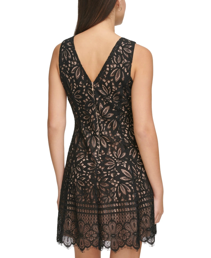 Corded Lace Fit/Flare-Dress-Kensie Dresses-2-BLACK/NUDE-Urbanheer