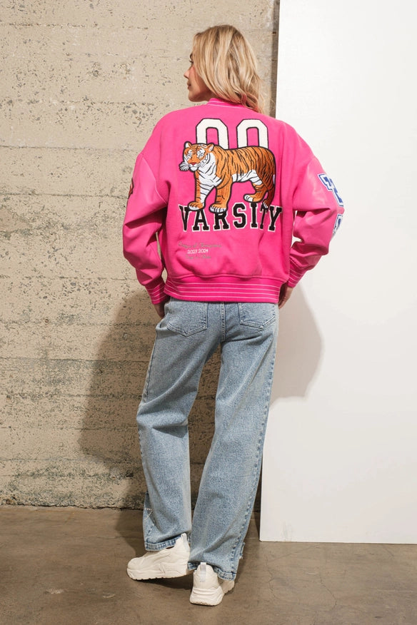 Boucle Patches Faux Leather Sleeve Varsity Jacket-Jacket-Blue B-HOT PINK-S-Urbanheer