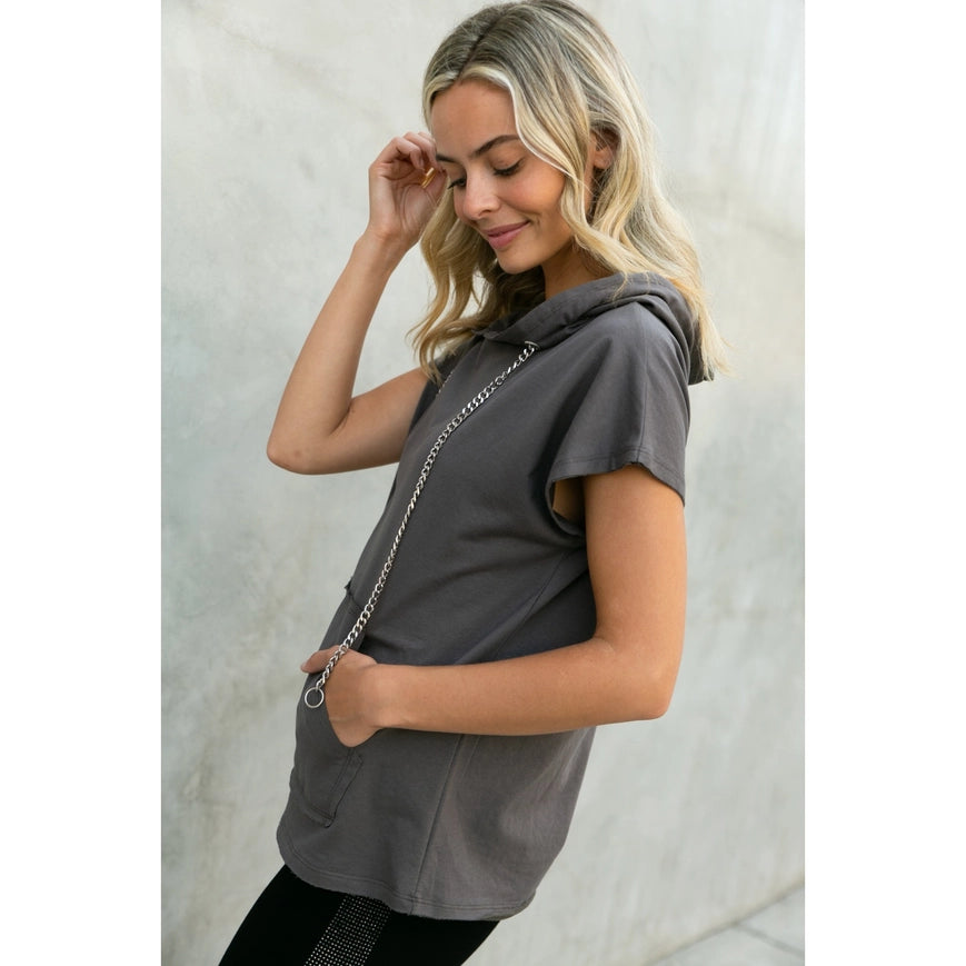 Hoodie Short Sleeve Top with Chains Charcoal-Hoodie-Vocal-S-Urbanheer